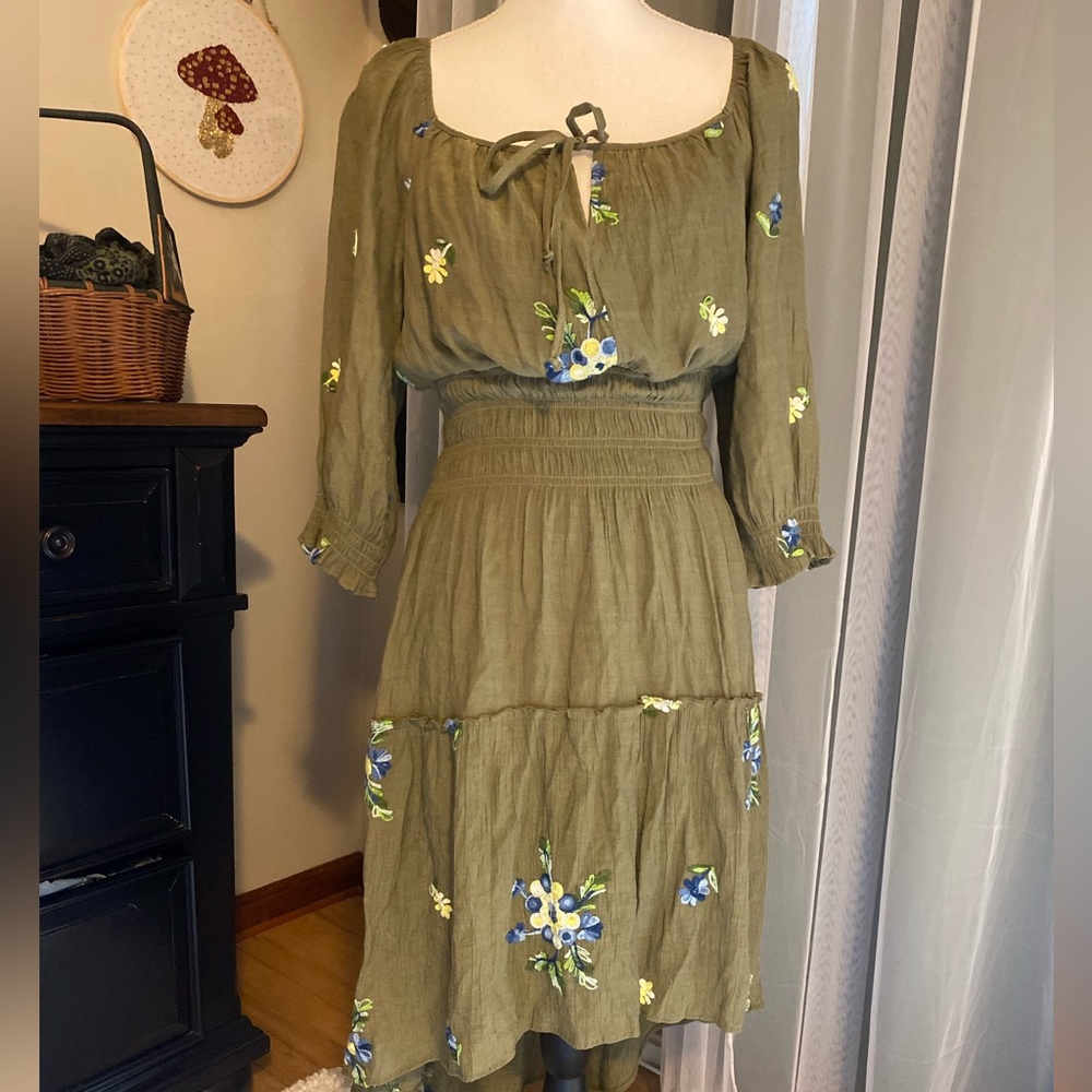 Anthropologie fig and flower embroidered high low dress